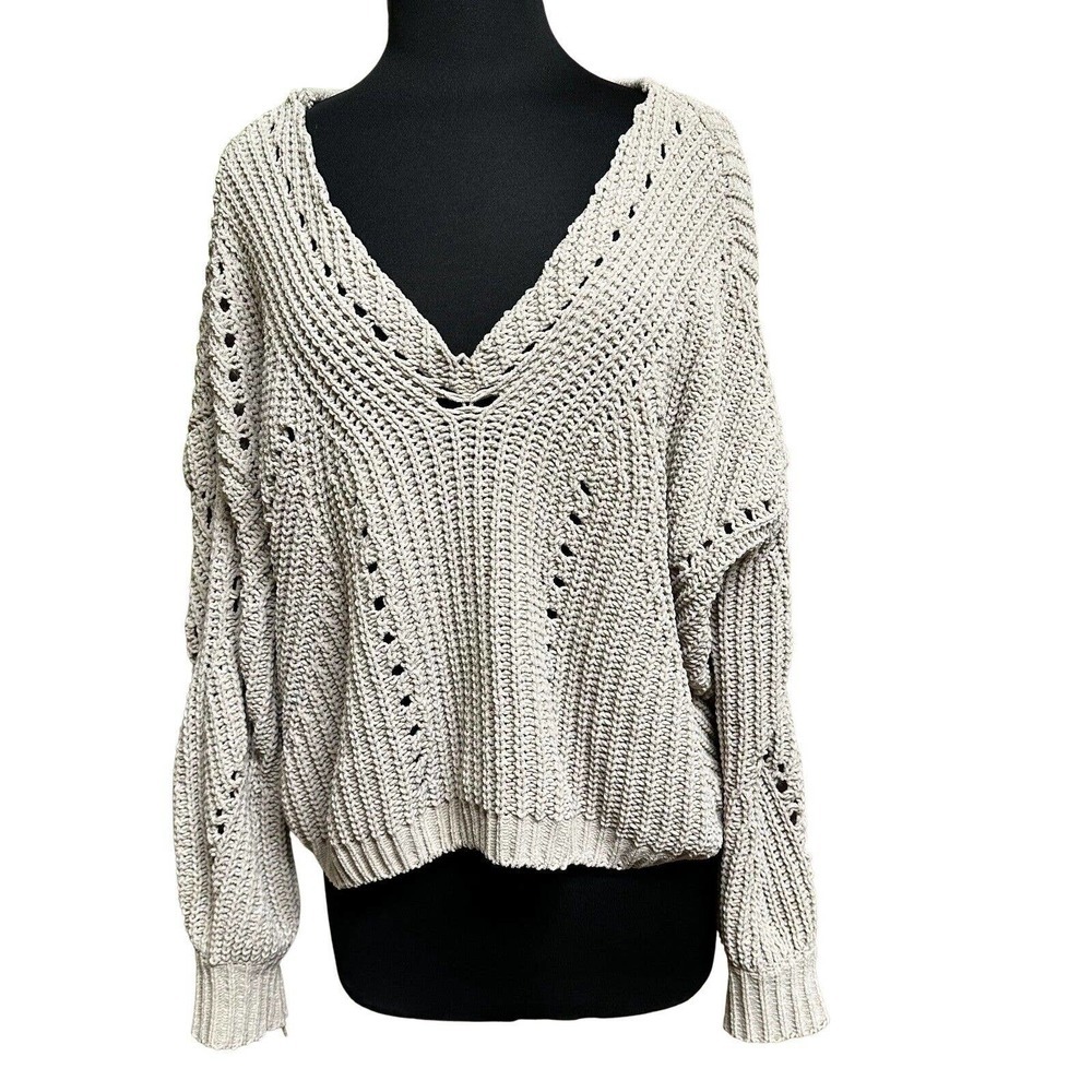 Moon And Madison Sweater Womens Small Ivory Crochet Deep V Neck Cropped Pullover